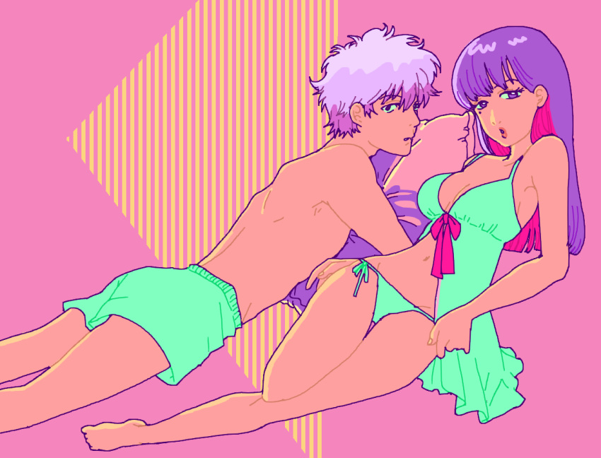 1boy 1girls alternate_costume barefoot boxers cleavage female full_body gintama gintoki_sakata lingerie long_hair looking_at_viewer looking_back male mole_under_eye mukimaru negligee nightgown on_side on_stomach panties pink_background purple_eyes purple_hair restricted_palette sarutobi_ayame side-tie_panties topless_male