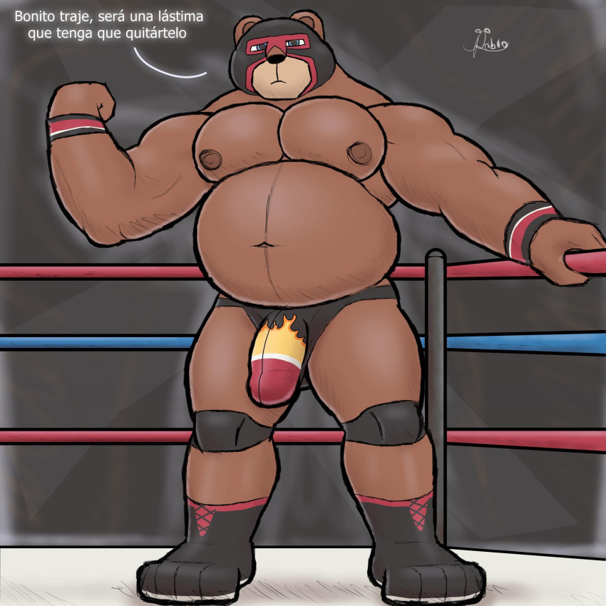 alanottaviano anthro barazoku bear belly brown_bear brown_body brown_fur bulge clothing fur genitals grizzly_bear hi_res male mammal mask musclegut muscular muscular_male overweight overweight_male penis solo sports_mask sportswear ursine wrestler wrestling wrestling_mask