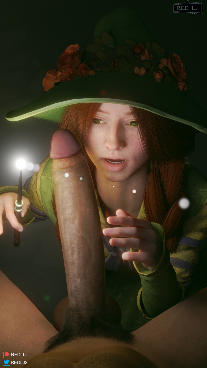 1boy 1girls 3d blender_(software) cock_worship female ginger_hair green_eyes harry_potter hat hogwarts_legacy huge_cock light-skinned_male male mirabel_garlick partial_male penis penis_awe red_hair red_lj wand witch_(harry_potter) witch_hat