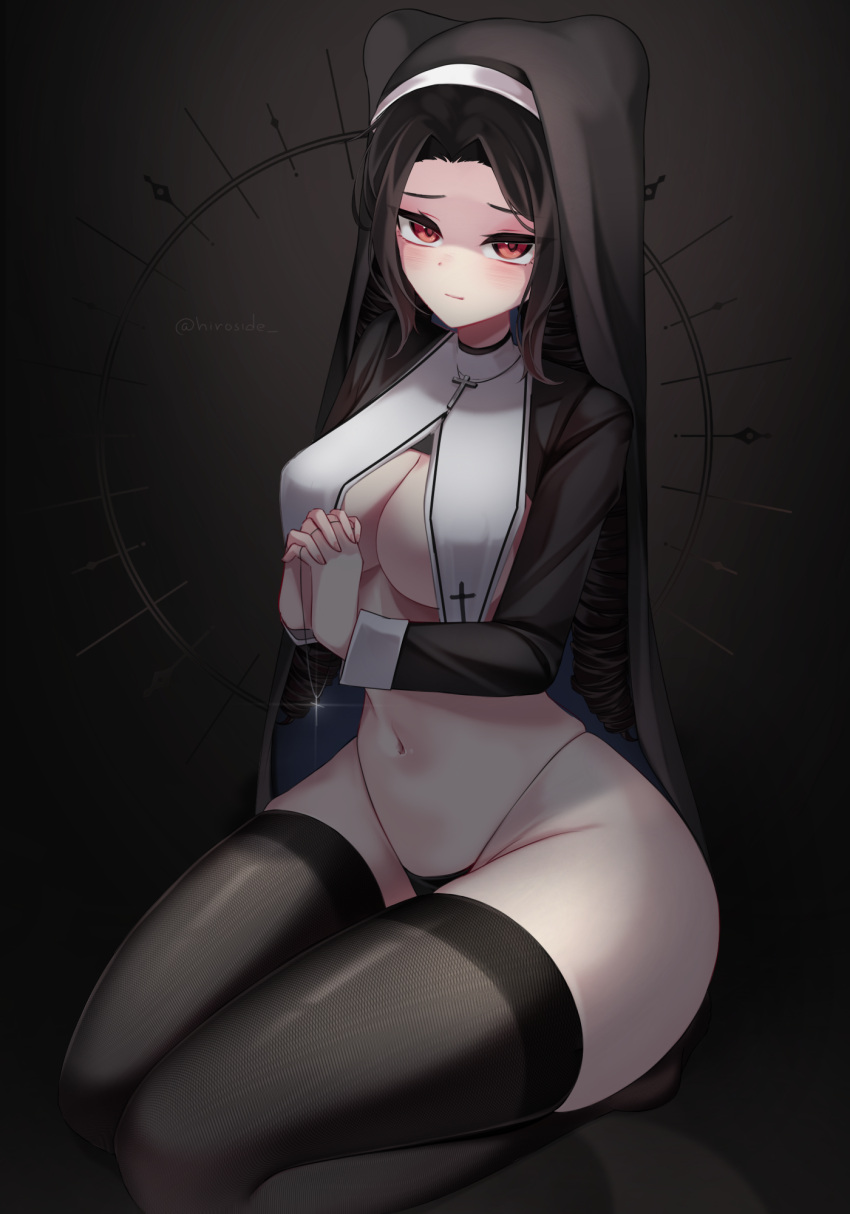 1girls bangs black_hair black_panties black_thighhighs breast_curtains breasts cross cross_necklace female female_only habit highleg highleg_panties highres hiroside jewelry kneeling large_breasts long_hair looking_at_viewer navel necklace nun original own_hands_clasped own_hands_together panties red_eyes shrug_(clothing) solo thighhighs twin_drills underwear very_long_hair