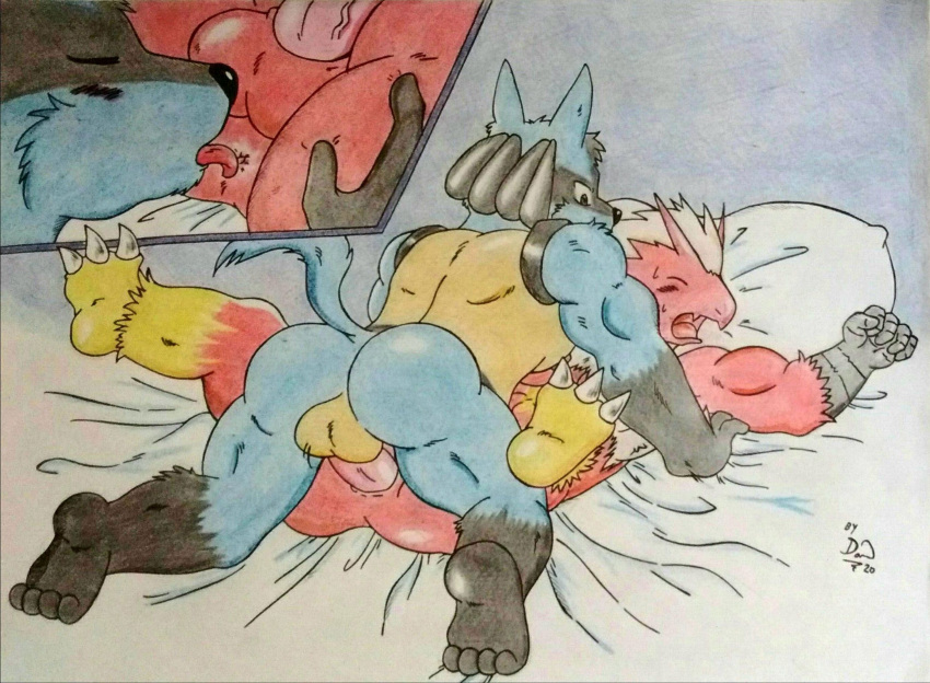 anal anal_sex anthro anthro_only ass back_muscles balls bed biceps black_body blaziken blue_body blue_fur blush blush_lines bodily_fluids butt_grab dashthefox duo fur furniture gay generation_3_pokemon generation_4_pokemon genitals hand_on_butt hi_res licking looking_pleasured lucario male male/male muscular nintendo open_mouth oral penetration penis pillow pink_penis pokemon pokemon_(species) red_body red_fur rimming rimming_male sex simple_background sweat sweatdrop tongue tongue_out traditional_media_(artwork) vein veiny_penis