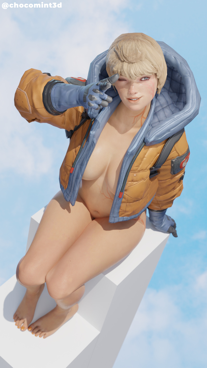 apex_legends barefoot blonde_hair chocomint3d colored_nails feet finger_gun gloves hooded_jacket jacket large_breasts leaning_back lichtenberg_figure looking_at_viewer one_eye_closed partially_clothed partially_clothed_female pinup respawn_entertainment scar scars sky thick_thighs toenail_polish toes twitter_username watermark wattson_(apex_legends) wink yellow_toenails