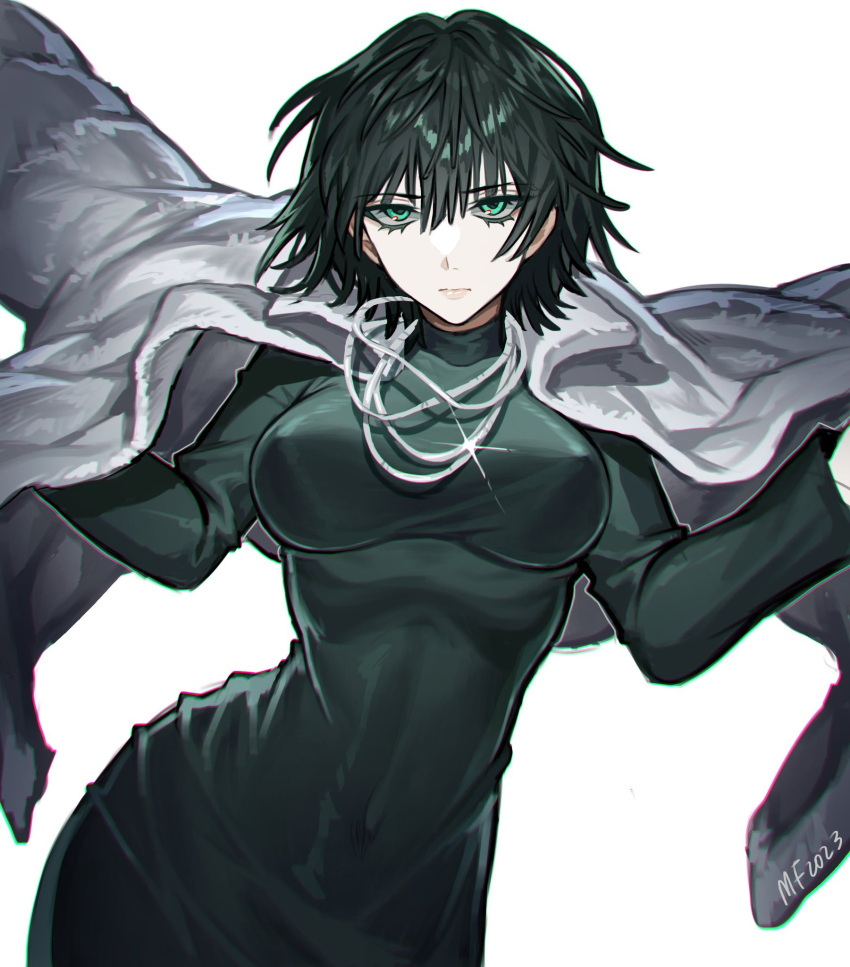 1girls 2023 adult adult_female artist_signature big_breasts bob_cut breasts busty clothed curvaceous curves curvy curvy_body curvy_female curvy_figure curvy_hips dress female female_only fubuki_(one-punch_man) fully_clothed fur_coat green green_clothing green_dress green_eyes green_hair hips inframammary_clothing_crease jacket_on_shoulders jewelry large_breasts light-skinned_female light_skin looking_at_viewer mary_felizola necklace nipple_bulge one-punch_man short_hair simple_background solo solo_female solo_focus superhero superheroine tight_clothing voluptuous white_background