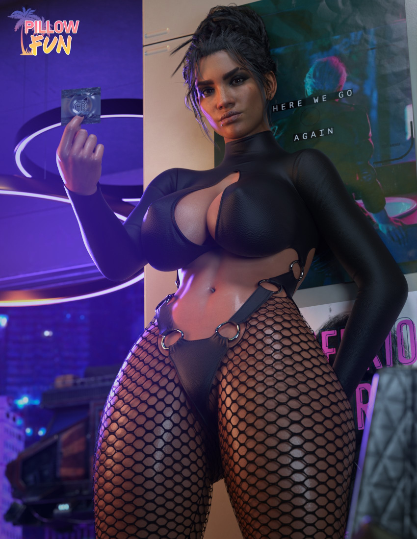 1girls 3d big_breasts breasts busty cd_projekt_red cleavage cleavage_cutout condom curvy cyberpunk_(series) cyberpunk_2077 female female_only fishnets fit_female hourglass_figure legs legwear light-black_hair light-skinned_female looking_at_viewer low-angle_view navel panam_palmer pillowfun slim_waist solo standing thick_thighs thighs wide_hips