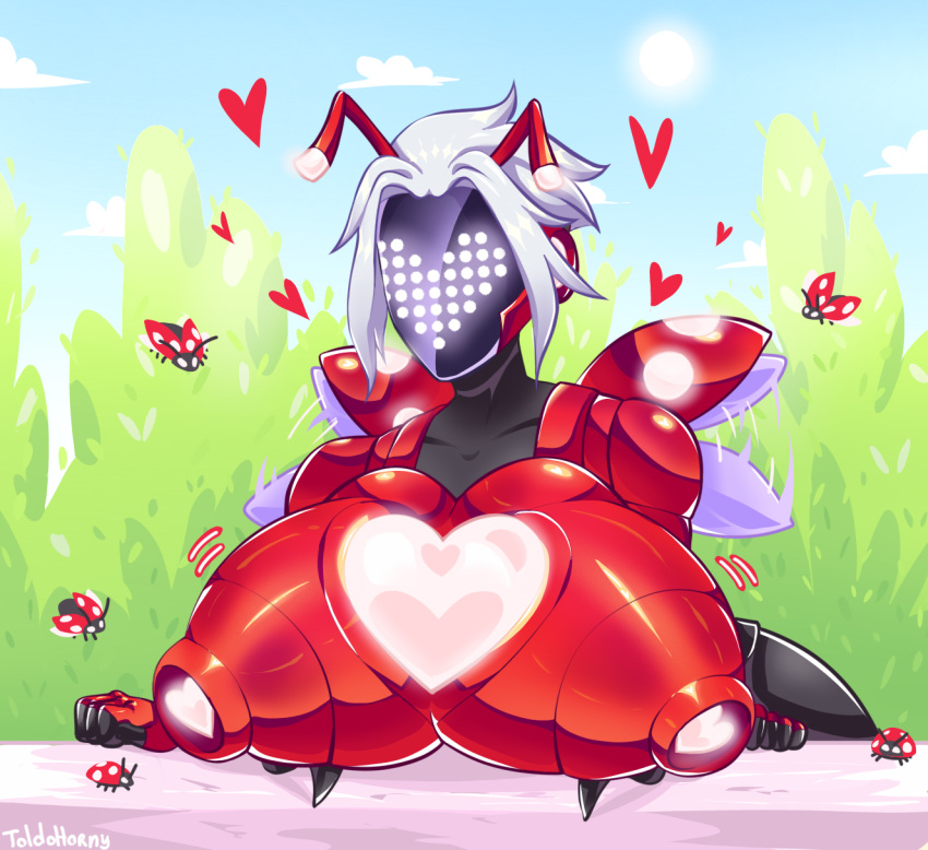 areolae ass background big_breasts brawlhalla breasts breasts clouds cyborg excited exposed_breasts hard_nipples heart hi_res huge_breasts ladybug nipples robot robot_girl toldohorny val_(brawlhalla) valentine's_day video_games wings