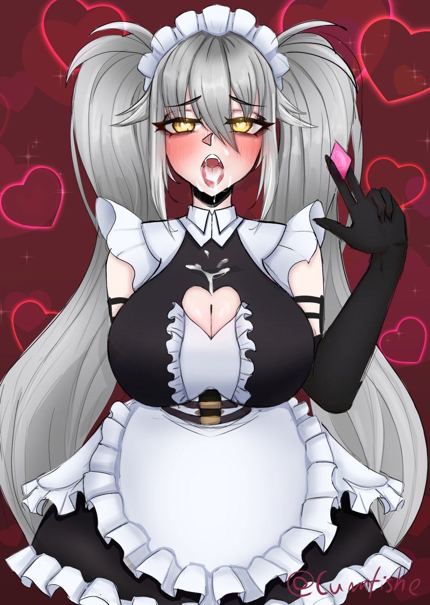 big_breasts cum cum_in_mouth cum_inside cumfishe female_only heart heart-shaped_pupils holding_condom holding_object light-skinned_female light_skin maid maid_outfit solo twintails virtual_youtuber vshojo white_hair yellow_eyes zentreya