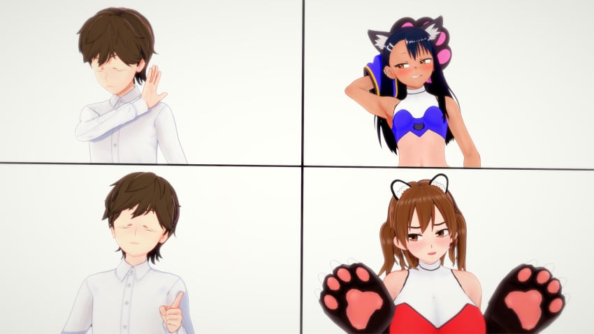 1boy 2girls 3d black_hair breasts brown_eyes brown_hair cat_ears catgirl closed_eyes clothed clothing cricgck female hayase_nagatoro hi_res highres human long_hair looking_at_viewer male medium_hair meme multiple_girls naoto_hachioji_(senpai) please_don't_bully_me,_nagatoro pose red_panda_ears red_panda_girl revealing_clothes shikki_(nagatoro) short_hair simple_background small_breasts tan tan-skinned_female tan_body tan_skin tanned tanned_female white_background