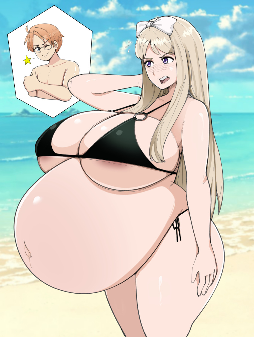 1boy 1girls alfred_jones alternate_version_available america_(hetalia) annoyed ass axis_powers_hetalia background beach belarus_(hetalia) belly big_ass big_belly big_breasts bikini blonde_hair blue_eyes blush breasts commission commissioner_upload detailed_background embarrassed glasses hairbow hand_behind_head hand_on_hip huge_belly huge_breasts light-skinned_female light-skinned_male light_skin long_hair looking_away male natalia_alfroskaya open_mouth plump pregnant purple_eyes solo_focus standing straight_hair thick_thighs thighs thumbs_up zeruxu