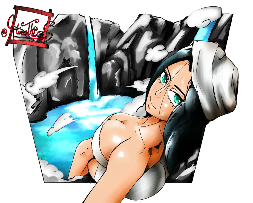 big_breasts breasts color colored female female_only green_eyes herothiccsan hot_spring light-skinned_female light_skin nico_robin one_piece post-timeskip steam towel