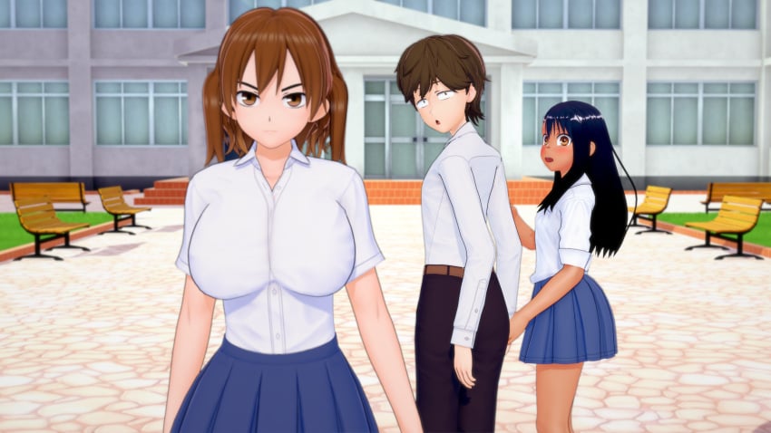 1boy 2girls 3d big_breasts black_hair breasts brown_eyes brown_hair clothed clothing cricgck curvy distracted_boyfriend female hayase_nagatoro hi_res highres human koikatsu long_hair looking_at_viewer male medium_hair meme multiple_girls naoto_hachioji_(senpai) open_mouth please_don't_bully_me,_nagatoro revealing_clothes shikki_(nagatoro) short_hair simple_background small_breasts tan tan-skinned_female tan_body tan_skin tanned tanned_female wide_hips