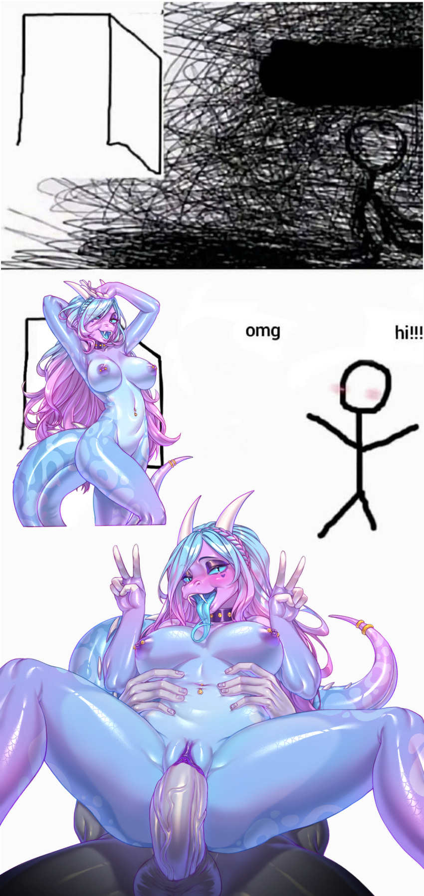 absurd_res anthro blue_body blue_eyes blue_hair blue_scales blue_tongue breasts candii_(obessivedoodle) comic dragon fangs female female_penetrated forked_tongue gesture glistening glistening_body hair hi_res horn hybrid looking_at_viewer male male/female male_penetrating male_penetrating_female meme navel navel_piercing nipples nude omg_hi! penetration penile penile_penetration penis_in_pussy piercing pink_hair pupils reptile scales scalie sex shen_art slit_pupils snake solo stick_figure teeth tongue tongue_out v_sign vaginal_penetration