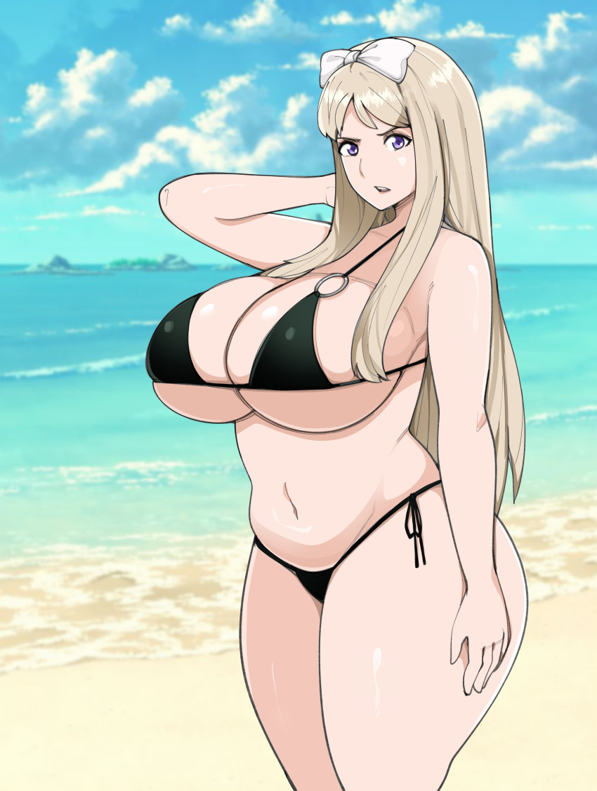 1girls alternate_version_available annoyed ass axis_powers_hetalia background beach belarus_(hetalia) big_ass big_breasts bikini blonde_hair breasts commission commissioner_upload detailed_background female female_only hairbow hand_behind_head hand_on_hip light-skinned_female light_skin long_hair looking_at_viewer natalia_alfroskaya open_mouth plump purple_eyes solo solo_female solo_focus standing straight_hair thick_thighs thighs zeruxu