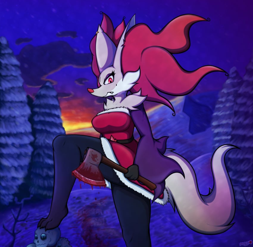 2023 anthro axe blood bloody_axe dahlia delphox fully_clothed furry game_freak looking_at_viewer mahoxy mahoxy_(artist) medium_breasts pokémon pokemon red_eyes shiny_delphox shiny_pokemon skull