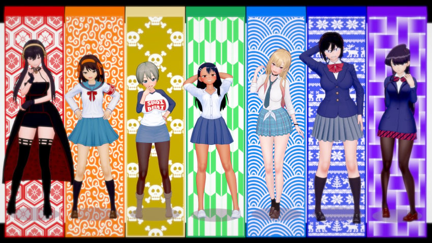 3d 7girls ankle_socks anklehighs big_breasts bigger_female black_hair black_socks blonde_hair blue_eyes breasts brown_eyes brown_loafers clothed clothing cricgck crossover curvy female female_only hayase_nagatoro hitomi-chan_is_shy_with_strangers hitomi_takano kitagawa_marin knee_socks kneehighs kneesocks komi-san_wa_komyushou_desu komi_shouko large_breasts loafers long_hair long_legs looking_at_viewer multiple_girls please_don't_bully_me,_nagatoro pose revealing_clothes school_uniform schoolgirl short_hair silver_hair skirt small_breasts smaller_female socks sono_bisque_doll_wa_koi_wo_suru spy_x_family suzumiya_haruhi suzumiya_haruhi_no_yuuutsu tan tan_skin tanned thigh_boots uzaki-chan_wa_asobitai! uzaki_hana wide_hips yor_briar yor_forger