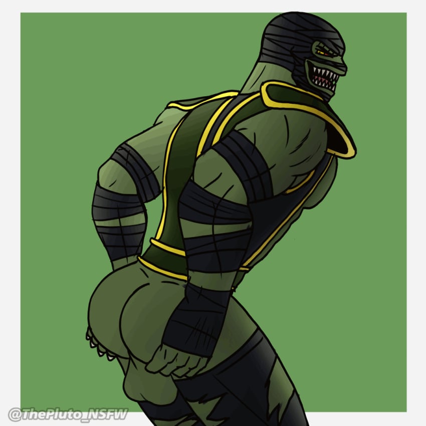 1boy animated ass balls butt claws clothing genitals gif green_background green_body green_skin male male_only mooning mortal_kombat netherrealm_studios presenting presenting_hindquarters reptile_(mortal_kombat) scalie sharp_teeth simple_background solo teeth thepluto_nsfw torn_clothing video_game watermark