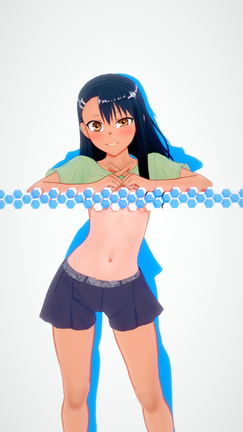 1girls 3d black_hair breasts brown_eyes clothed clothing cricgck earrings female female_focus female_only hayase_nagatoro hi_res highres long_hair looking_at_viewer navel please_don't_bully_me,_nagatoro pose revealing_clothes simple_background small_breasts smile solo tan tan-skinned_female tan_body tan_skin tanline tanned tanned_female white_background