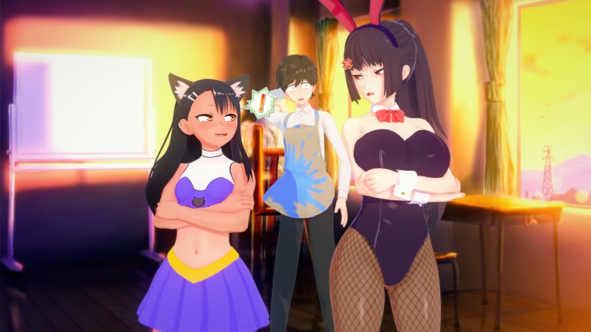 2girls 3d angry big_breasts black_hair breasts brown_eyes brown_hair bunny_ears bunnysuit cat_ears cat_tail catgirl clothed clothing cricgck curvy female hayase_nagatoro hi_res highres long_hair looking_at_viewer naoto_hachioji_(senpai) please_don't_bully_me,_nagatoro pose president_(nagatoro) purple_hair red_eyes revealing_clothes sana_sunomiya short_hair simple_background small_breasts tan tan-skinned_female tan_body tan_skin tanline tanned tanned_female wide_hips