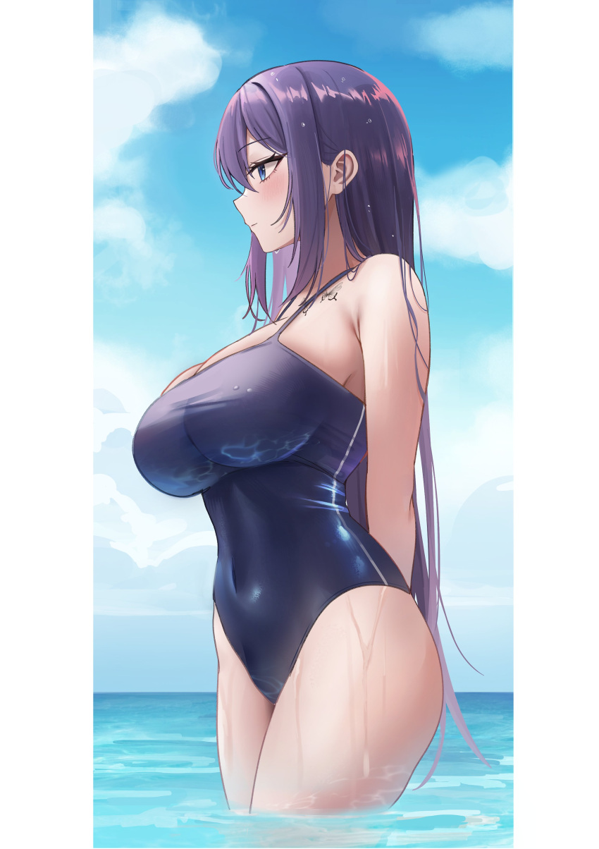 1girls beach biya blue_eyes breast_tattoo breasts butterfly_tattoo cleavage female highleg_swimsuit huge_breasts light-skinned_female light_skin long_hair one-piece_swimsuit original original_character outdoors purple_hair swimsuit tattoo thick_thighs thighs wet wet_body yuna_(biya)