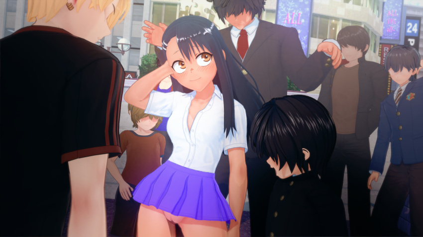 1girls 3d abraham_koikatsu black_hair blonde_hair blush breasts brown_eyes clothed clothing female hayase_nagatoro hi_res highres long_hair please_don't_bully_me,_nagatoro public revealing_clothes short_hair simple_background skirt small_breasts tan tan-skinned_female tan_body tan_skin tanned tanned_female upskirt