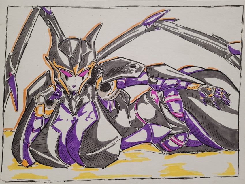 airachnid big_breasts boob_window breasts cleavage honooafterdark lying_on_side purple_eyes robot_girl thick_thighs traditional_media_(artwork) transformers transformers_prime wide_hips