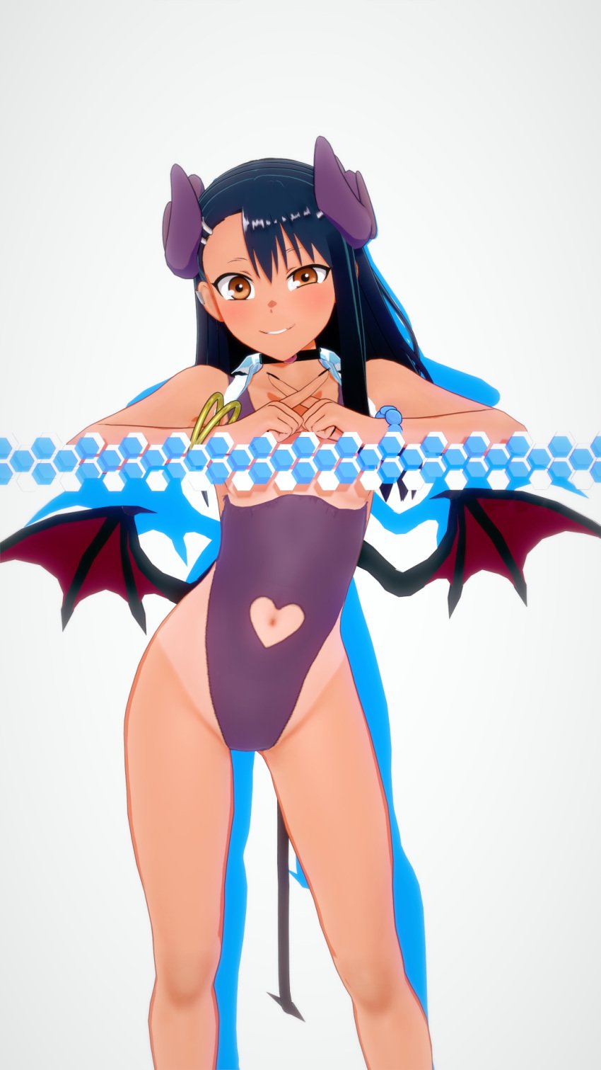 1girls 3d black_hair breasts brown_eyes clothed clothing cricgck demon_girl demon_horns demon_tail demon_wings earrings female female_focus female_only hayase_nagatoro hi_res highres long_hair looking_at_viewer please_don't_bully_me,_nagatoro pose revealing_clothes simple_background small_breasts smile solo succubus tan tan-skinned_female tan_body tan_skin tanline tanned tanned_female white_background