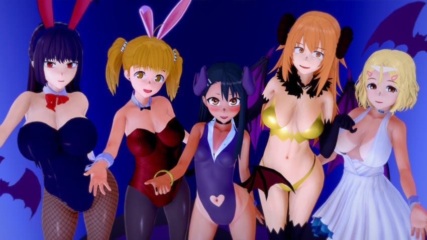 3d 5girls big_breasts black_hair blonde_hair blush breasts brown_eyes bunny_ears bunnysuit cleavage clothed clothing cricgck curvy demon_girl demon_horns demon_tail female female_only gamo-chan hayase_nagatoro hi_res highres long_hair looking_at_viewer multiple_girls navel orange_eyes orange_hair please_don't_bully_me,_nagatoro president_(nagatoro) purple_hair red_eyes revealing_clothes sakura_(nagatoro) sana_sunomiya simple_background small_breasts succubus tan tan-skinned_female tan_body tan_skin tanline tanned tanned_female wide_hips yoshi_(nagatoro)