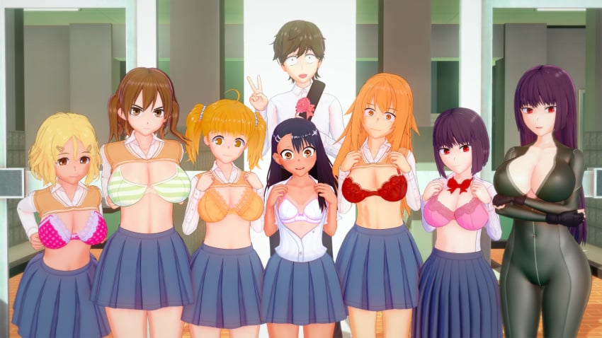 1boy 3d 7girls big_breasts black_hair blonde_hair breasts brown_eyes brown_hair cleavage clothed clothing cricgck curvy female gamo-chan hana_sunomiya hayase_nagatoro hi_res highres leather long_hair looking_at_viewer medium_hair naoto_hachioji_(senpai) orange_eyes orange_hair please_don't_bully_me,_nagatoro president_(nagatoro) purple_hair red_eyes revealing_clothes sakura_(nagatoro) sana_sunomiya shikki_(nagatoro) shirt_lift short_hair simple_background skirt small_breasts smile tan tan-skinned_female tan_body tan_skin tanned tanned_female wide_hips yoshi_(nagatoro)