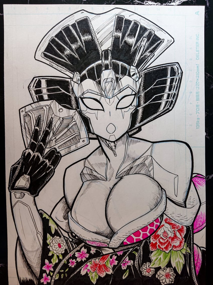 1girls 2d_(artwork) big_breasts cleavage drawn female female_only folding_fan geisha hand_fan holding_fan kimono looking_at_viewer partially_colored robot robot_girl surprised transformers transformers_idw ventis2099_(artist) windblade