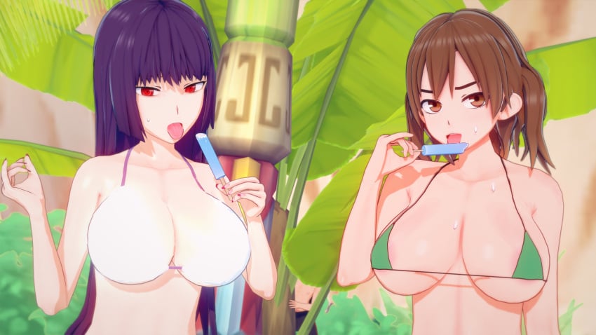 2girls big_breasts breasts brown_eyes brown_hair cleavage clothed clothing cricgck curvy female female_only hana_sunomiya hi_res highres long_hair looking_at_viewer multiple_girls navel open_mouth please_don't_bully_me,_nagatoro president_(nagatoro) purple_hair red_eyes revealing_clothes sana_sunomiya shikki_(nagatoro) simple_background tongue_out wide_hips