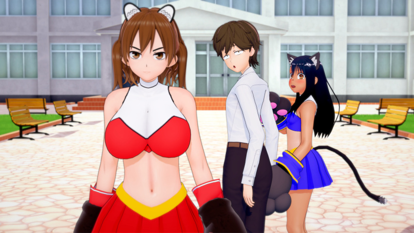 1boy 2girls 3d big_breasts black_hair breasts brown_eyes brown_hair cat_ears cat_tail catgirl clothed clothing cricgck curvy female hayase_nagatoro hi_res highres long_hair looking_at_viewer looking_back medium_hair meme_reference naoto_hachioji_(senpai) navel please_don't_bully_me,_nagatoro red_panda_ears red_panda_girl revealing_clothes shikki_(nagatoro) short_hair simple_background skirt small_breasts tan tan-skinned_female tan_body tan_skin tanned tanned_female wide_hips