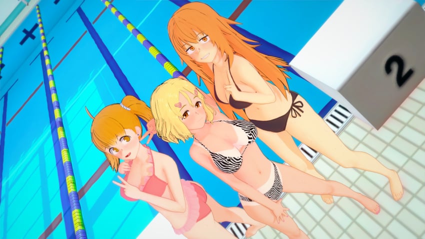 3d 3girls big_breasts bikini blonde_hair blush breasts brown_eyes cleavage clothed clothing cricgck female female_only gamo-chan hi_res highres long_hair looking_at_viewer looking_back medium_hair multiple_girls open_mouth orange_eyes orange_hair please_don't_bully_me,_nagatoro pool poolside pose revealing_clothes sakura_(nagatoro) simple_background tan tan-skinned_female tan_body tan_skin tanline tanned tanned_female twintails yoshi_(nagatoro)