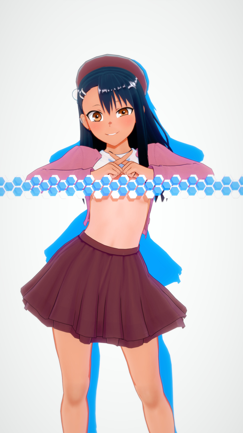 1girls 3d black_hair breasts brown_eyes clothed clothing cricgck earrings female female_focus female_only hayase_nagatoro hi_res highres long_hair looking_at_viewer please_don't_bully_me,_nagatoro pose revealing_clothes simple_background small_breasts smile solo tan tan-skinned_female tan_body tan_skin tanline tanned tanned_female white_background