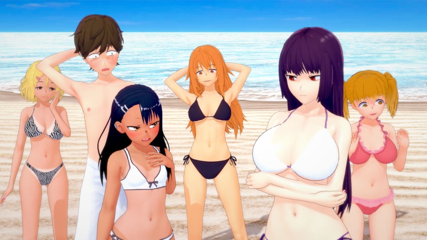 1boy 3d 5girls beach big_breasts bikini black_hair blonde_hair breasts brown_eyes brown_hair cleavage clothed clothing cricgck curvy female gamo-chan hayase_nagatoro hi_res highres long_hair medium_hair naoto_hachioji_(senpai) navel orange_eyes orange_hair please_don't_bully_me,_nagatoro pose president_(nagatoro) public purple_eyes red_eyes revealing_clothes sakura_(nagatoro) sana_sunomiya shikki_(nagatoro) short_hair simple_background small_breasts swimsuit tan tan-skinned_female tan_body tan_skin tanline tanned tanned_female wide_hips yoshi_(nagatoro)