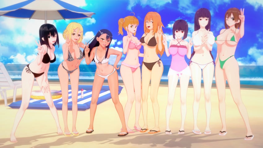 3d 8girls beach big_breasts bikini black_hair blonde_hair breasts brown_eyes brown_hair cleavage clothed clothing cricgck curvy female female_focus female_only gamo-chan hana_sunomiya hayase_nagatoro hi_res highres long_hair looking_at_viewer medium_hair misaki_nagatoro navel ocean orange_eyes orange_hair please_don't_bully_me,_nagatoro pose president_(nagatoro) purple_hair red_eyes revealing_clothes sakura_(nagatoro) sana_sunomiya shikki_(nagatoro) simple_background sisters small_breasts smile swimsuit tan tan-skinned_female tan_body tan_skin tanline tanned tanned_female wide_hips yoshi_(nagatoro)