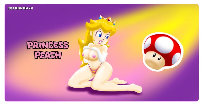 1girls big_breasts blonde_hair blue_eyes breasts busty feet female female_only full_body gloves hands_on_own_chest highres idendrawx kneeling large_breasts legs long_hair mario_(series) mushroom navel nintendo nipples princess princess_peach simple_background smile solo super_mushroom thick_thighs thighs thong topless voluptuous