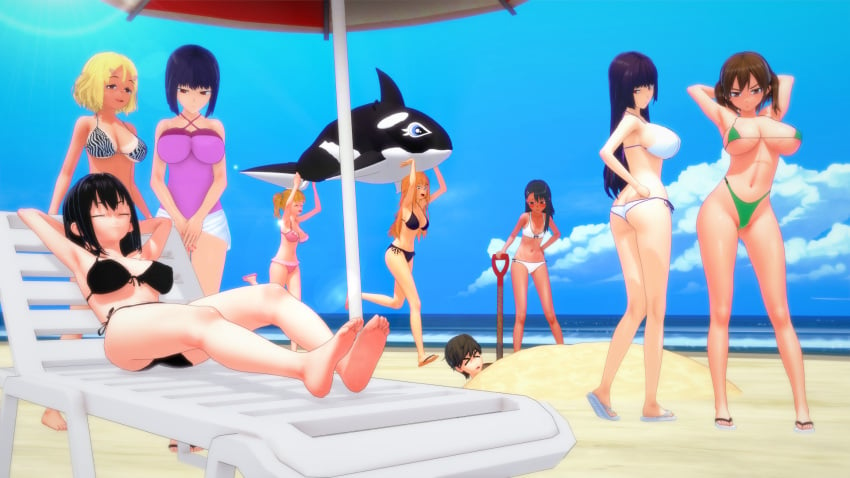 1boy 3d 8girls beach big_breasts bikini black_hair blonde_hair breasts brown_eyes brown_hair cleavage closed_eyes clothed clothing cricgck curvy female gamo-chan hana_sunomiya hayase_nagatoro hi_res highres long_hair looking_at_viewer male medium_hair misaki_nagatoro multiple_girls naoto_hachioji_(senpai) navel orange_hair playing please_don't_bully_me,_nagatoro pose president_(nagatoro) purple_hair revealing_clothes sakura_(nagatoro) sana_sunomiya shikki_(nagatoro) short_hair simple_background sisters small_breasts swimsuit tan tan-skinned_female tan_body tan_skin tanline tanned tanned_female wide_hips yoshi_(nagatoro)