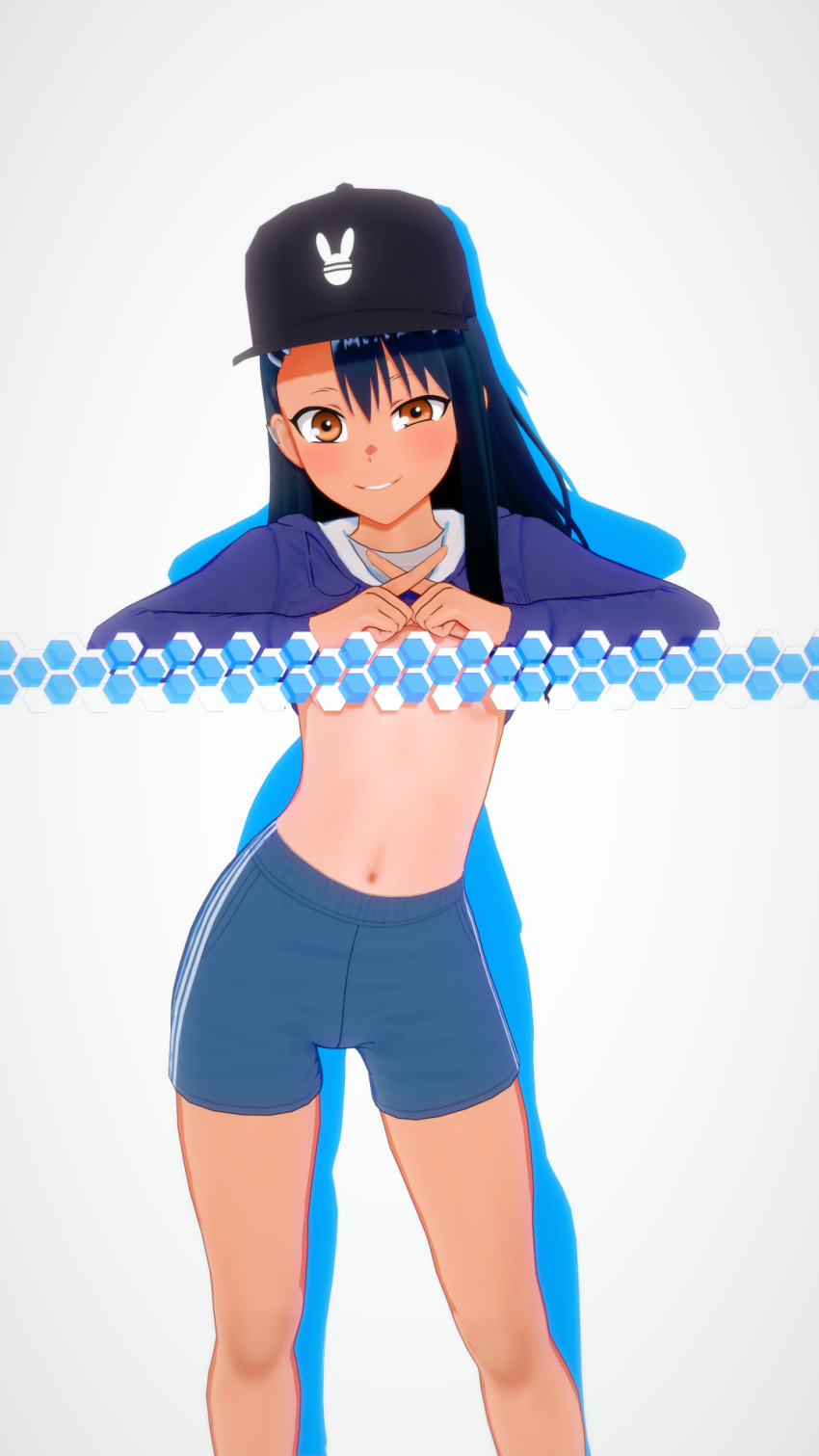 1girls 3d black_hair breasts brown_eyes clothed clothing cricgck earrings female female_focus female_only hayase_nagatoro hi_res highres long_hair looking_at_viewer navel please_don't_bully_me,_nagatoro pose revealing_clothes simple_background small_breasts smile solo tan tan-skinned_female tan_body tan_skin tanline tanned tanned_female white_background