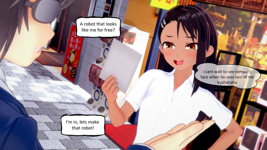 1girls 3d black_hair blush breasts brown_eyes brown_hair clothed clothing earrings english_text female hayase_nagatoro hi_res highres long_hair open_mouth pengi13 please_don't_bully_me,_nagatoro revealing_clothes short_hair simple_background small_breasts tan tan-skinned_female tan_body tan_skin tanned tanned_female text
