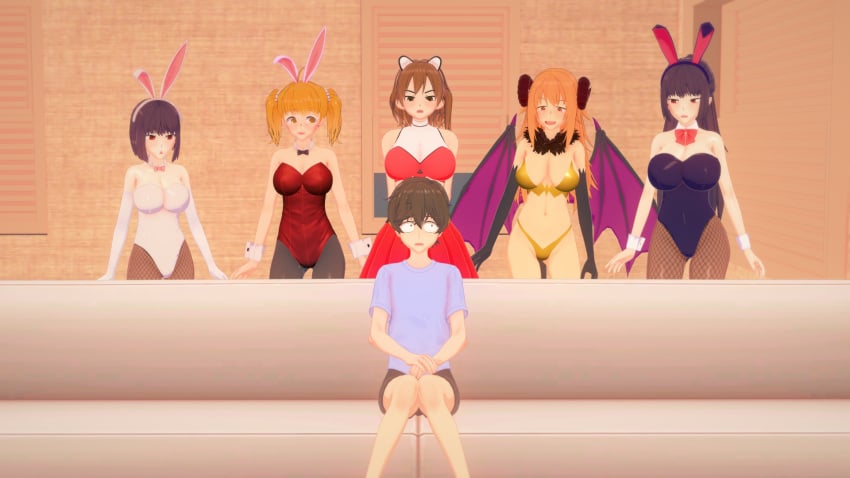 1boy 3d 5girls big_breasts blonde_hair blush breasts brown_eyes brown_hair bunny_ears bunnysuit cleavage clothed clothing cricgck curvy demon_girl demon_horns demon_tail demon_wings female gamo-chan hana_sunomiya hi_res highres long_hair looking_at_viewer medium_hair naoto_hachioji_(senpai) navel orange_eyes orange_hair please_don't_bully_me,_nagatoro president_(nagatoro) purple_hair red_eyes red_panda_ears red_panda_girl revealing_clothes sana_sunomiya shikki_(nagatoro) short_hair simple_background wide_hips yoshi_(nagatoro)