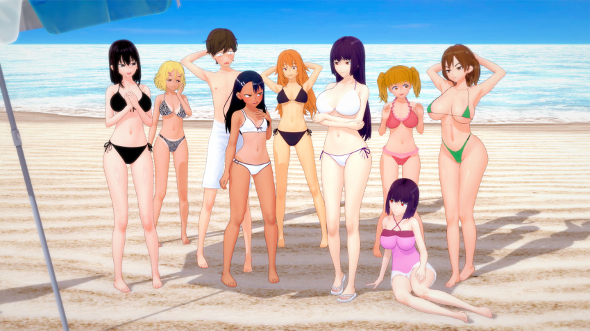 1boy 3d 8girls beach big_breasts bikini black_hair blonde_hair breasts brown_eyes brown_hair cleavage clothed clothing cricgck curvy female gamo-chan hana_sunomiya hayase_nagatoro hi_res highres long_hair medium_hair misaki_nagatoro naoto_hachioji_(senpai) navel orange_eyes orange_hair please_don't_bully_me,_nagatoro pose president_(nagatoro) public purple_eyes red_eyes revealing_clothes sakura_(nagatoro) sana_sunomiya shikki_(nagatoro) short_hair simple_background small_breasts swimsuit tan tan-skinned_female tan_body tan_skin tanline tanned tanned_female wide_hips yoshi_(nagatoro)