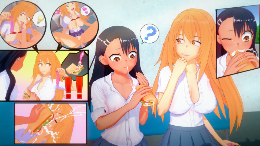 1boy 2girls 3d big_breasts black_hair breasts brown_eyes cleavage clothed clothing cricgck cum cum_in_pussy cum_inside cum_on_food curvy erection female gamo-chan hayase_nagatoro hi_res highres long_hair naoto_hachioji_(senpai) orange_eyes orange_hair penis please_don't_bully_me,_nagatoro revealing_clothes simple_background small_breasts tan tan-skinned_female tan_body tan_skin tanned tanned_female vaginal_penetration wide_hips