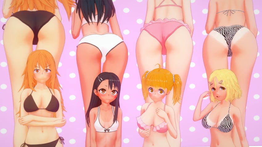 3d 4girls ass big_ass big_breasts bikini black_hair blonde_hair breasts brown_eyes cleavage clothed clothing cricgck curvy female female_focus female_only gamo-chan hayase_nagatoro hi_res highres long_hair looking_at_viewer orange_eyes orange_hair please_don't_bully_me,_nagatoro revealing_clothes sakura_(nagatoro) simple_background small_breasts tan tan-skinned_female tan_body tan_skin tanline tanned tanned_female wide_hips yoshi_(nagatoro)