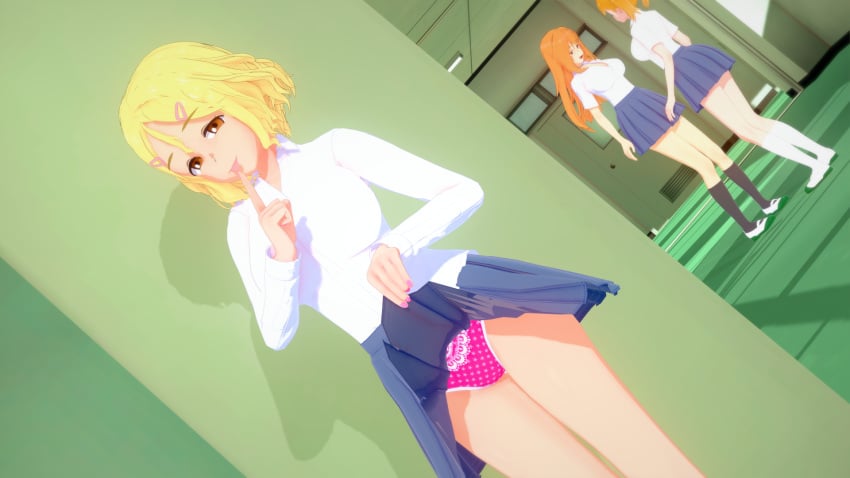 3d 3girls big_breasts blonde_hair breasts brown_eyes clothed clothing cricgck female female_focus female_only gamo-chan hi_res highres looking_at_viewer medium_hair orange_eyes orange_hair please_don't_bully_me,_nagatoro pov pov_eye_contact revealing_clothes sakura_(nagatoro) simple_background skirt skirt_lift tan tan-skinned_female tan_body tan_skin tanned tanned_female tease teasing teasing_viewer tongue_out twintails underwear voyeur_pov voyeurism yoshi_(nagatoro)