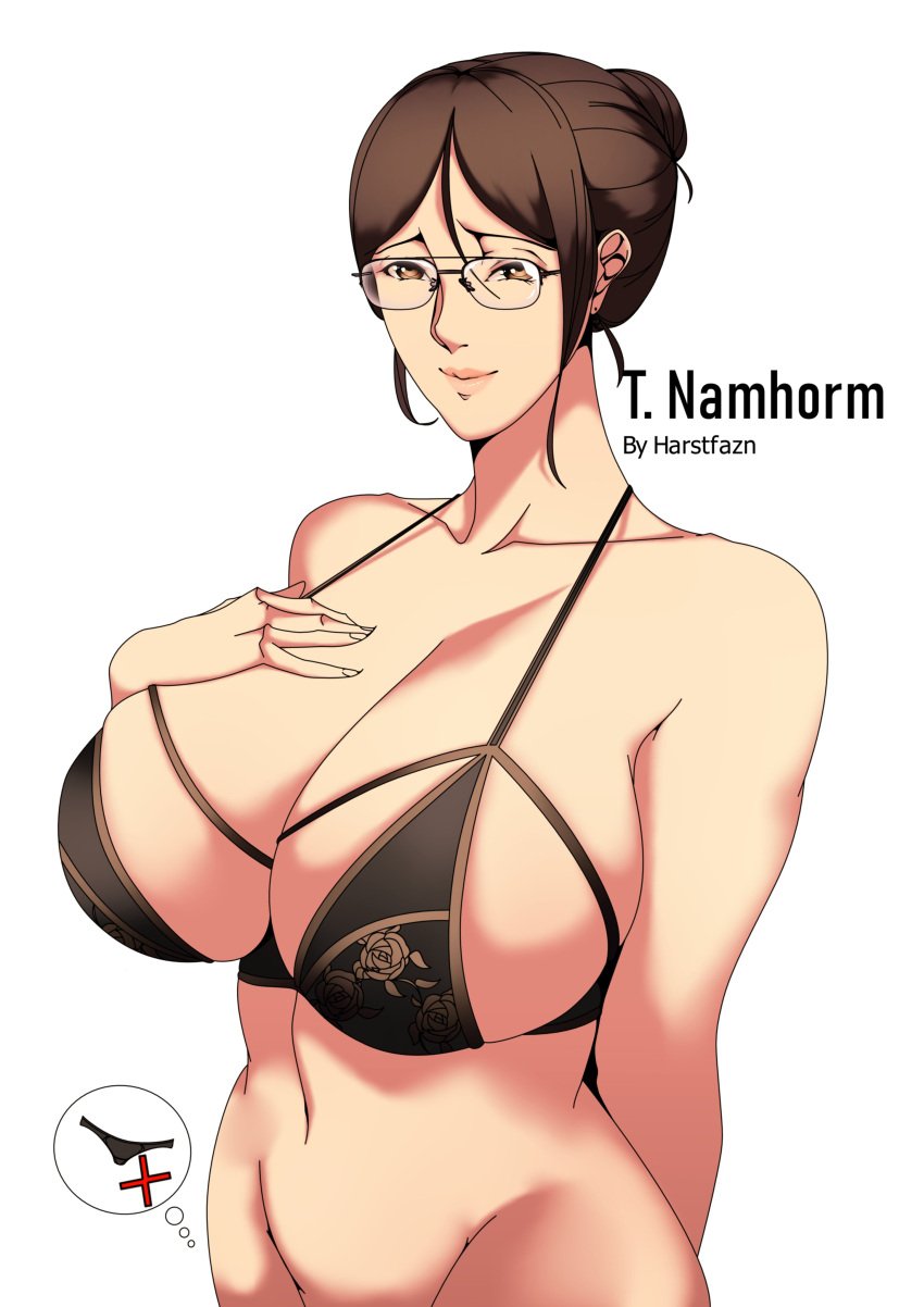 1girls arm_behind_back big_breasts bikini bikini_top_only bottomless breasts brown_eyes brown_hair busty cleavage female female_only glasses hair_bun hand_on_own_chest harstfazn highres huge_breasts lipstick looking_at_viewer makeup mature mature_female mature_woman namhorm_(puzenketsu) navel sensual smile swimsuit voluptuous