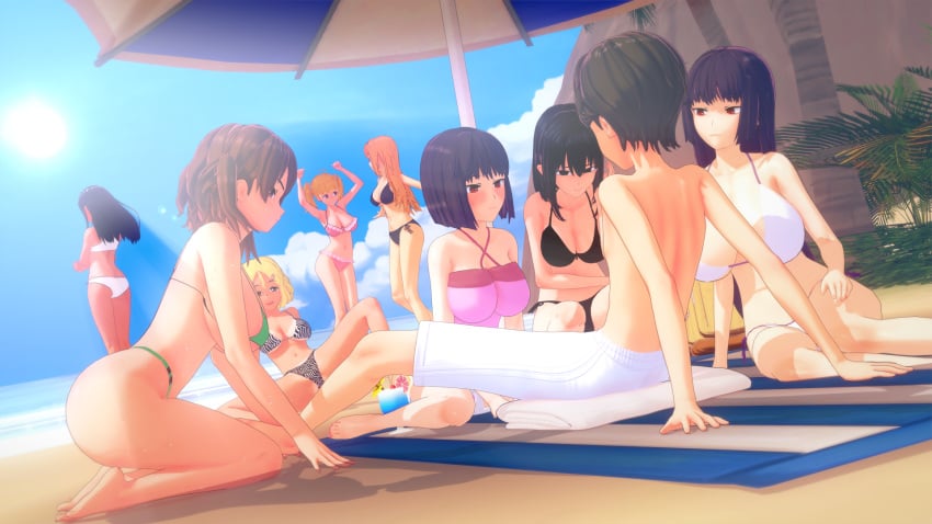 1boy 3d 8girls beach big_breasts bikini black_hair blonde_hair blush breasts brown_eyes brown_hair cleavage clothed clothing cricgck curvy dancing female gamo-chan hana_sunomiya hayase_nagatoro hi_res highres long_hair medium_hair misaki_nagatoro naoto_hachioji_(senpai) orange_hair please_don't_bully_me,_nagatoro pose president_(nagatoro) purple_hair red_eyes revealing_clothes sakura_(nagatoro) sana_sunomiya shikki_(nagatoro) short_hair simple_background sitting small_breasts swimsuit tan tan-skinned_female tan_body tan_skin tanned tanned_female wide_hips yoshi_(nagatoro)