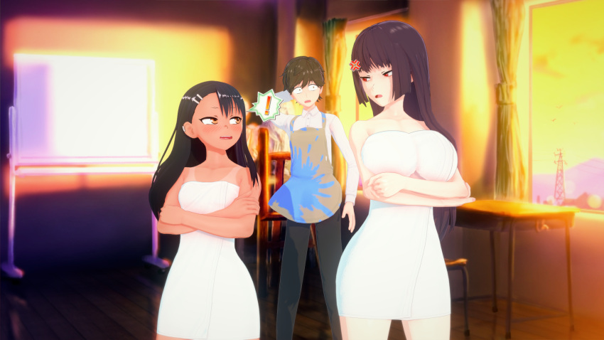 2girls 3d angry big_breasts black_hair breasts brown_eyes brown_hair clothed clothing cricgck curvy female hayase_nagatoro hi_res highres long_hair looking_at_viewer naoto_hachioji_(senpai) please_don't_bully_me,_nagatoro pose president_(nagatoro) purple_hair red_eyes revealing_clothes sana_sunomiya short_hair simple_background small_breasts tan tan-skinned_female tan_body tan_skin tanline tanned tanned_female wide_hips