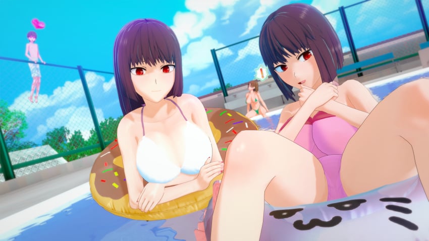 1boy 3d 3girls big_breasts bikini breasts brown_hair clothed clothing cricgck curvy female hana_sunomiya hi_res highres looking_at_viewer medium_hair naoto_hachioji_(senpai) open_mouth please_don't_bully_me,_nagatoro pool poolside president_(nagatoro) purple_hair red_eyes revealing_clothes sana_sunomiya shikki_(nagatoro) short_hair simple_background sisters spread_legs swimsuit wide_hips