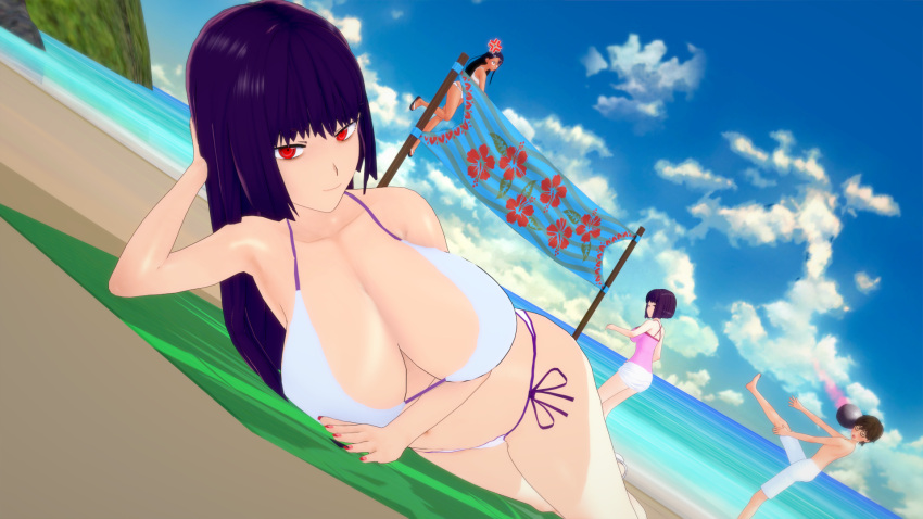 1boy 3d 3girls arm_support beach big_breasts bikini black_hair breasts brown_eyes brown_hair busty child_bearing_hips clothed clothing cricgck curvy female hana_sunomiya hayase_nagatoro hi_res highres long_hair looking_at_viewer medium_hair naoto_hachioji_(senpai) on_side please_don't_bully_me,_nagatoro pose posing president_(nagatoro) purple_hair red_eyes revealing_clothes sana_sunomiya seductive seductive_smile sensual shikki_(nagatoro) short_hair simple_background small_breasts smile swimsuit tan tan-skinned_female tan_body tan_skin tanned tanned_female voluptuous wide_hips