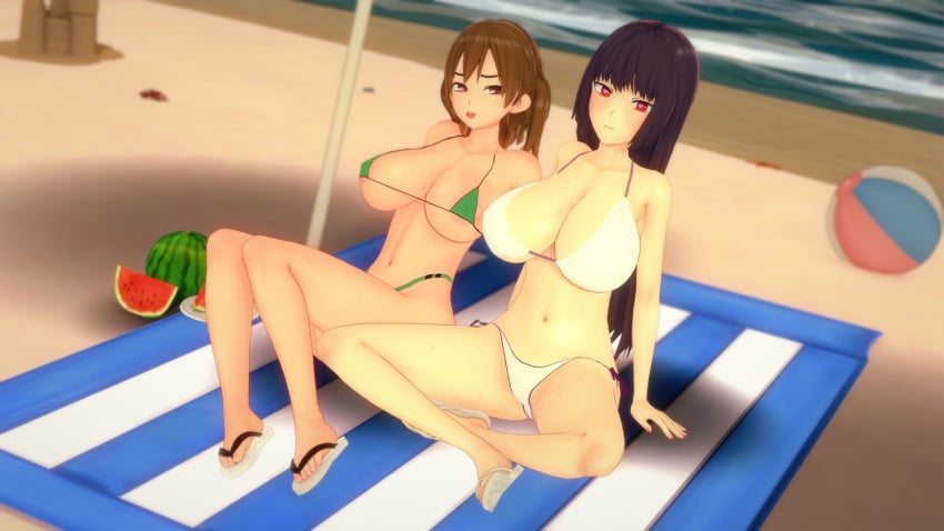 2girls beach big_breasts bikini breasts brown_hair cleavage clothed clothing cricgck curvy female female_only hi_res highres long_hair looking_at_viewer medium_hair multiple_girls navel please_don't_bully_me,_nagatoro pose president_(nagatoro) purple_hair red_eyes revealing_clothes sana_sunomiya shikki_(nagatoro) simple_background smile wide_hips