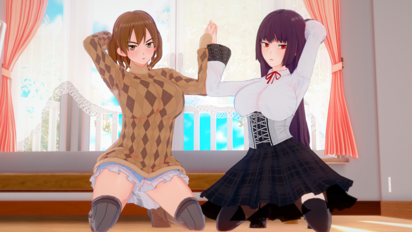 2girls big_breasts blush breasts brown_eyes brown_hair clothed clothing cricgck curvy female female_focus female_only hi_res highres looking_at_viewer medium_hair please_don't_bully_me,_nagatoro ponytail pose president_(nagatoro) purple_hair red_eyes revealing_clothes sana_sunomiya shikki_(nagatoro) simple_background spread_legs wide_hips